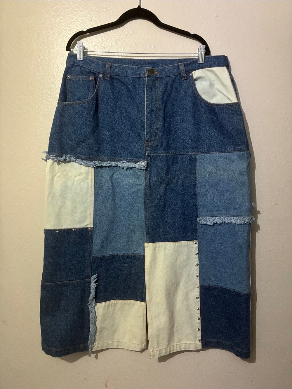 Roaman's Patchwork Denim Maxi Skirt